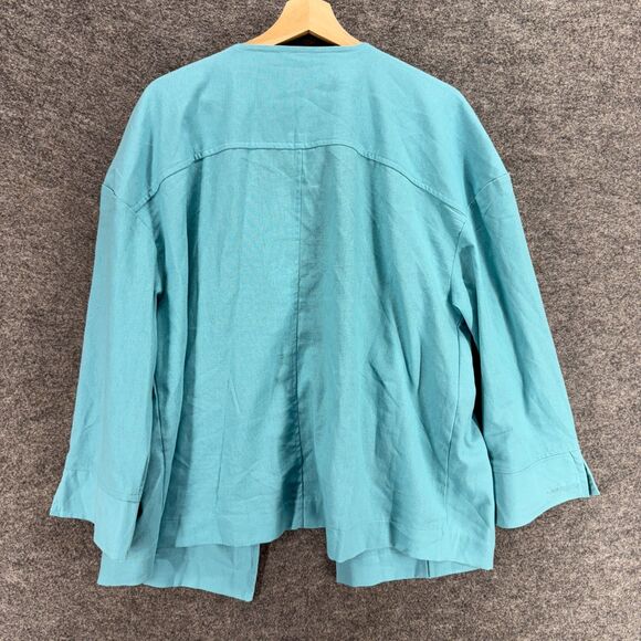 Once & Again Jacket Women 1X Plus Blue Linen Open Front Long Sleeve Pockets - Picture 2 of 7